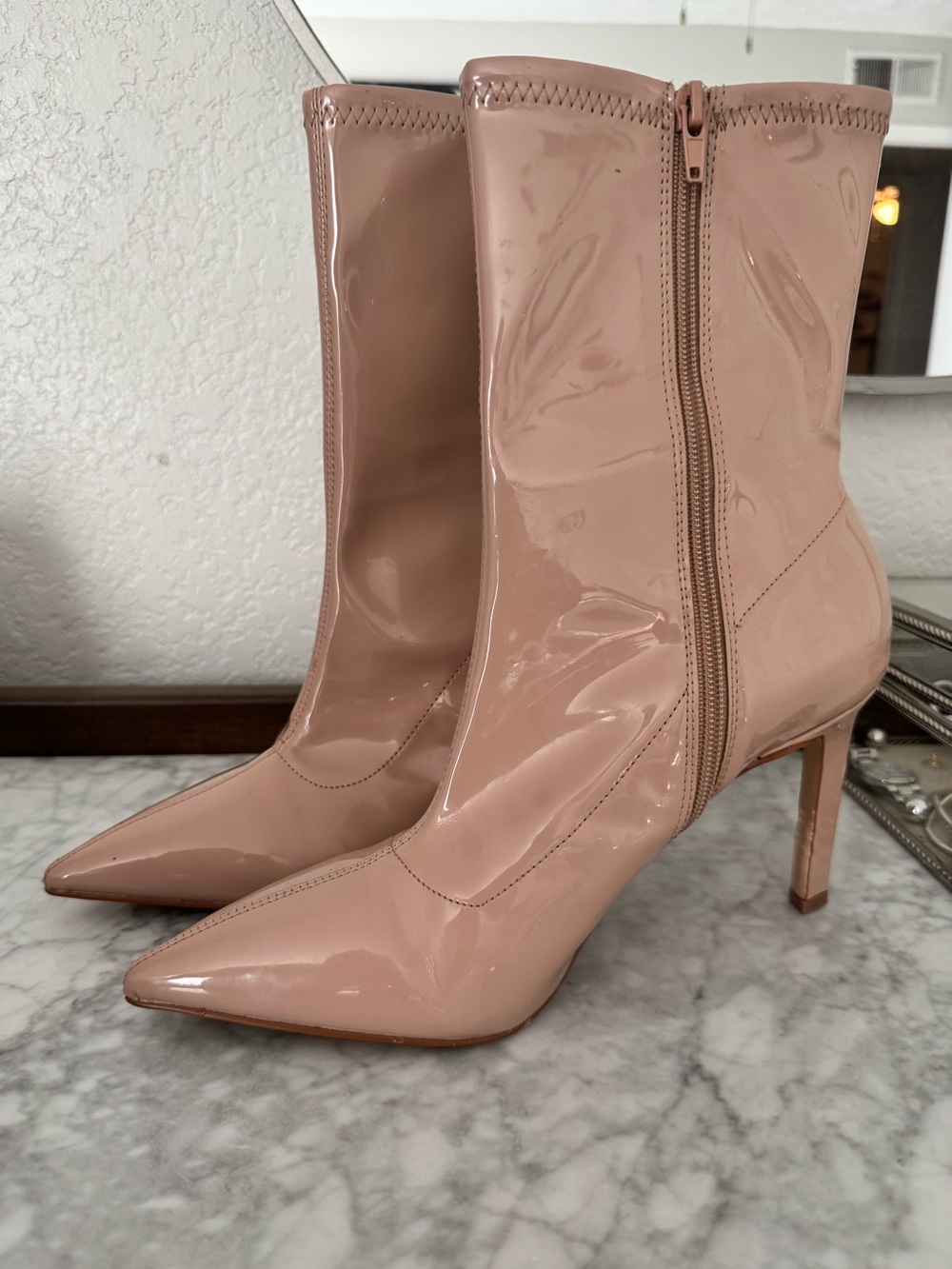 Nude Patent Pointed Toe Stiletto Ankle Boots NWOT Size 10